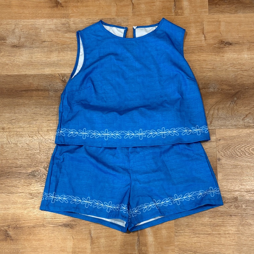SHEIN Blue Two-Piece Embroidered Tank and Shorts Set